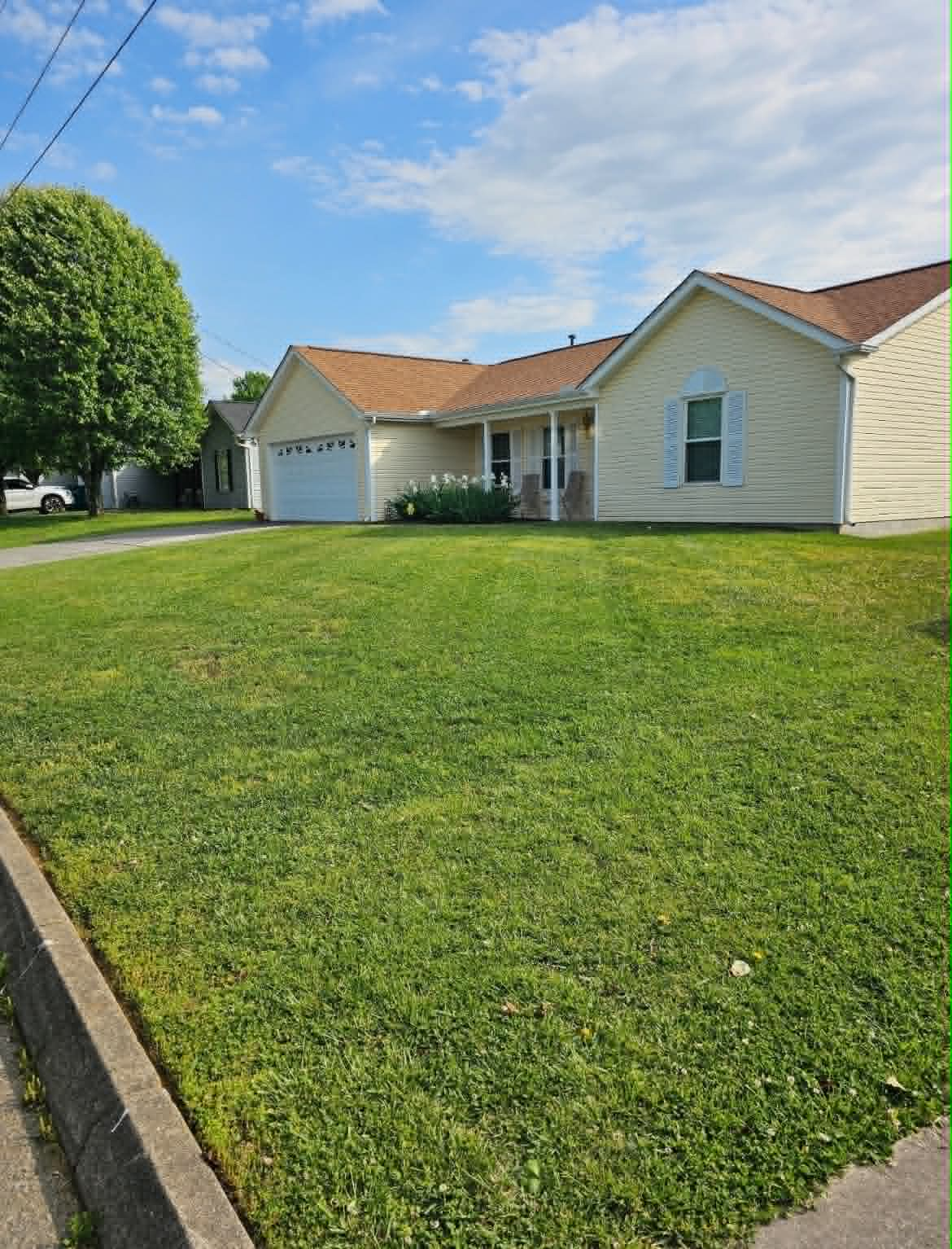 Front yard lawn care result in front of a single-story home